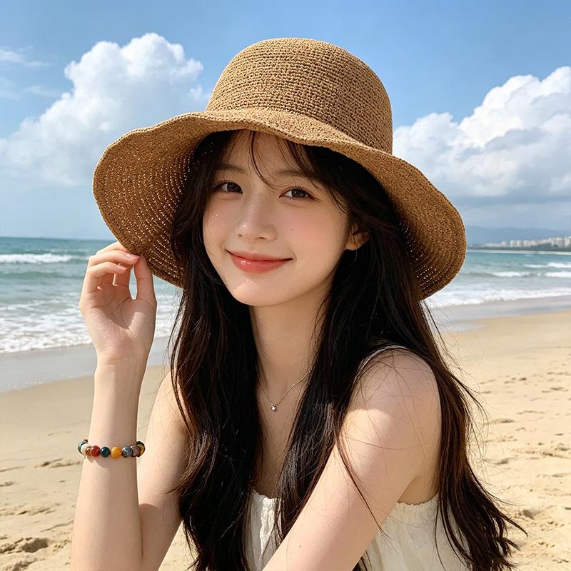 Women's Wide-Brimmed Straw Sun Hat Foldable Summer Fisherman's Hat Breathable Slimming for Outdoor Travel and Beach Use