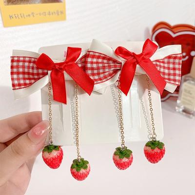 1pair Cute Red Cherry Hair Clip Barrettes Headwear Headflower Strawberry Side Hairpins Cloth Bow Side Bangs Clip Girls