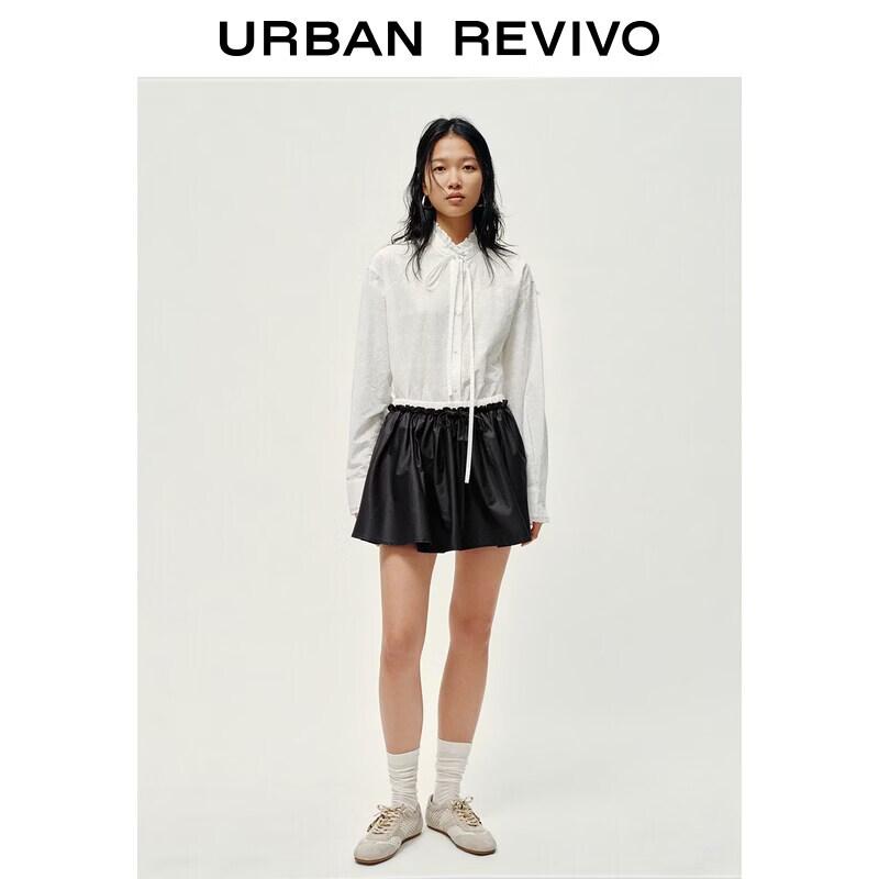 UR 2026 Spring Urban Ruffle Embroidered Tie-Front Blouse
