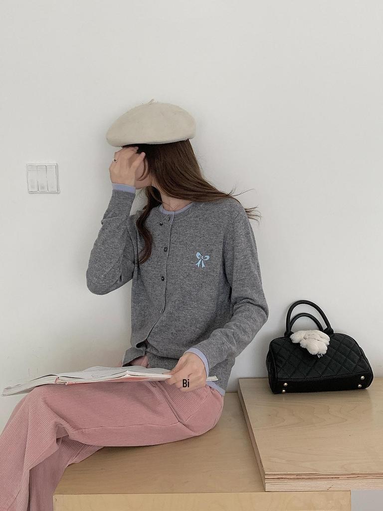 Women's Wool Cardigan: Round Neck Color Block, Embroidered Two-Piece Coco Style Sweater