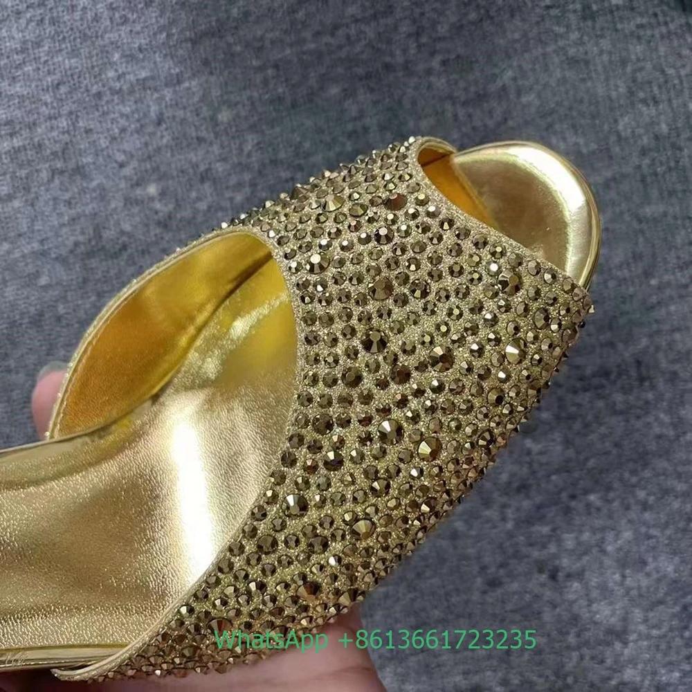 Fashion Crystal Bling Bling Women Slippers Slip-On Peep Toe Stiletto Heel Shiny Sandals Summer Fashion Party Rhinestone Sexy Slides