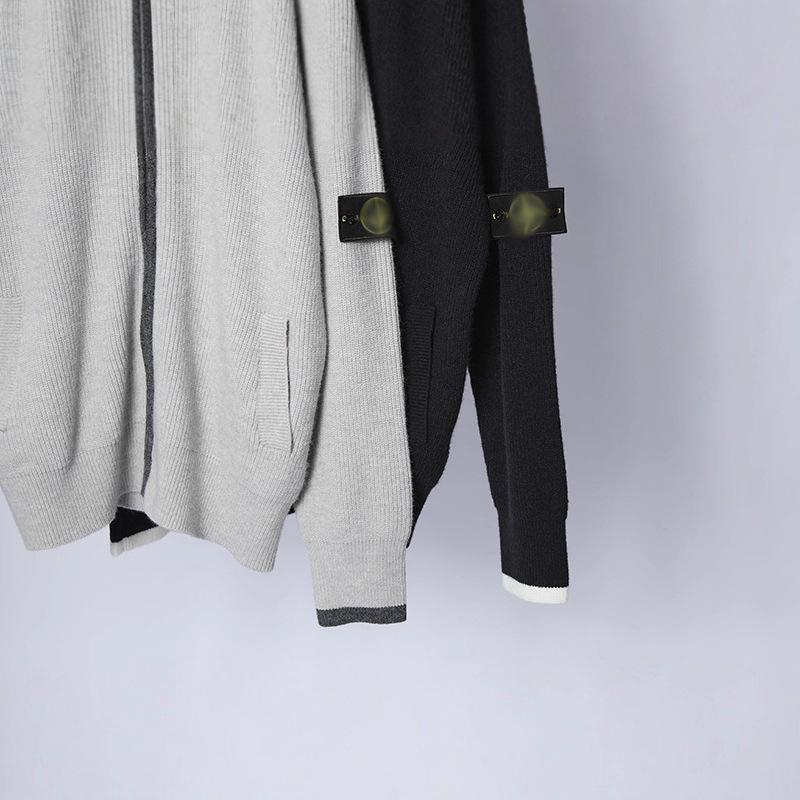 Unisex Herbst/Winter Steinfarbener Reißverschluss-Strickjacke: Stehkragen, Abzeichen-Detail, Colorblock-Strickpullover