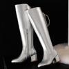 Damen Winter High Boots Gold Silber Lackleder Kniehohe Stiefel Luxus Quadratische Absätze Lange Partyschuhe Dame Große Größe 45