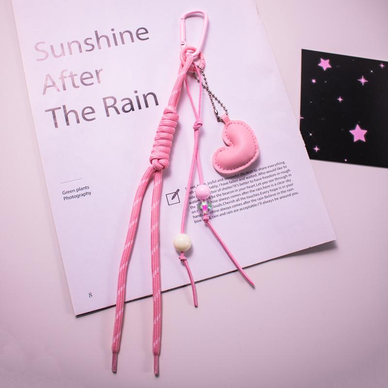 Colorful Hand Braided Rope Roman Knot Keychain Pendant Sweet Leather Heart Charm Bag  Hanging Ornaments Car Keyring Gifts