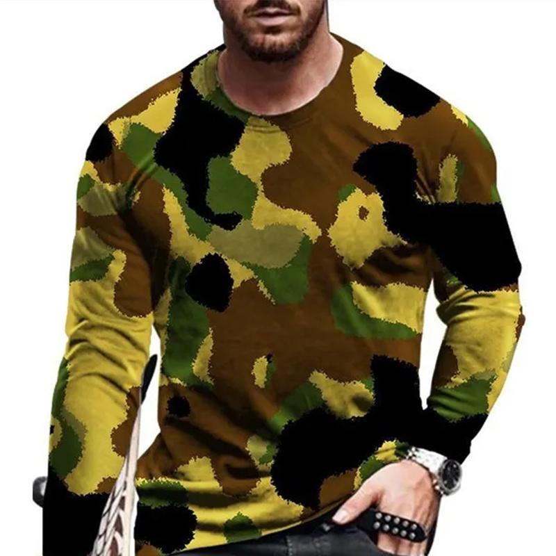 Tide Camouflage Pattern Tričko evropské velikosti s dlouhým rukávem Pro pánské Ležérní Podzimní Trend Trička s kulatým výstřihem