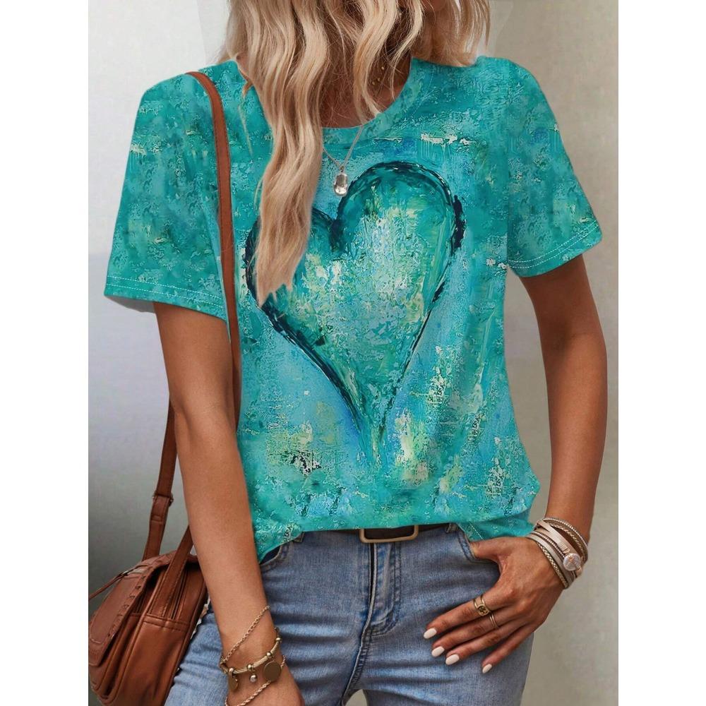 Love Pattern Graffiti Style Fashionable Women's T-shirts Casual Round Neck Short Sleeve Tee Tops Harajuku T-Shirt For Woman