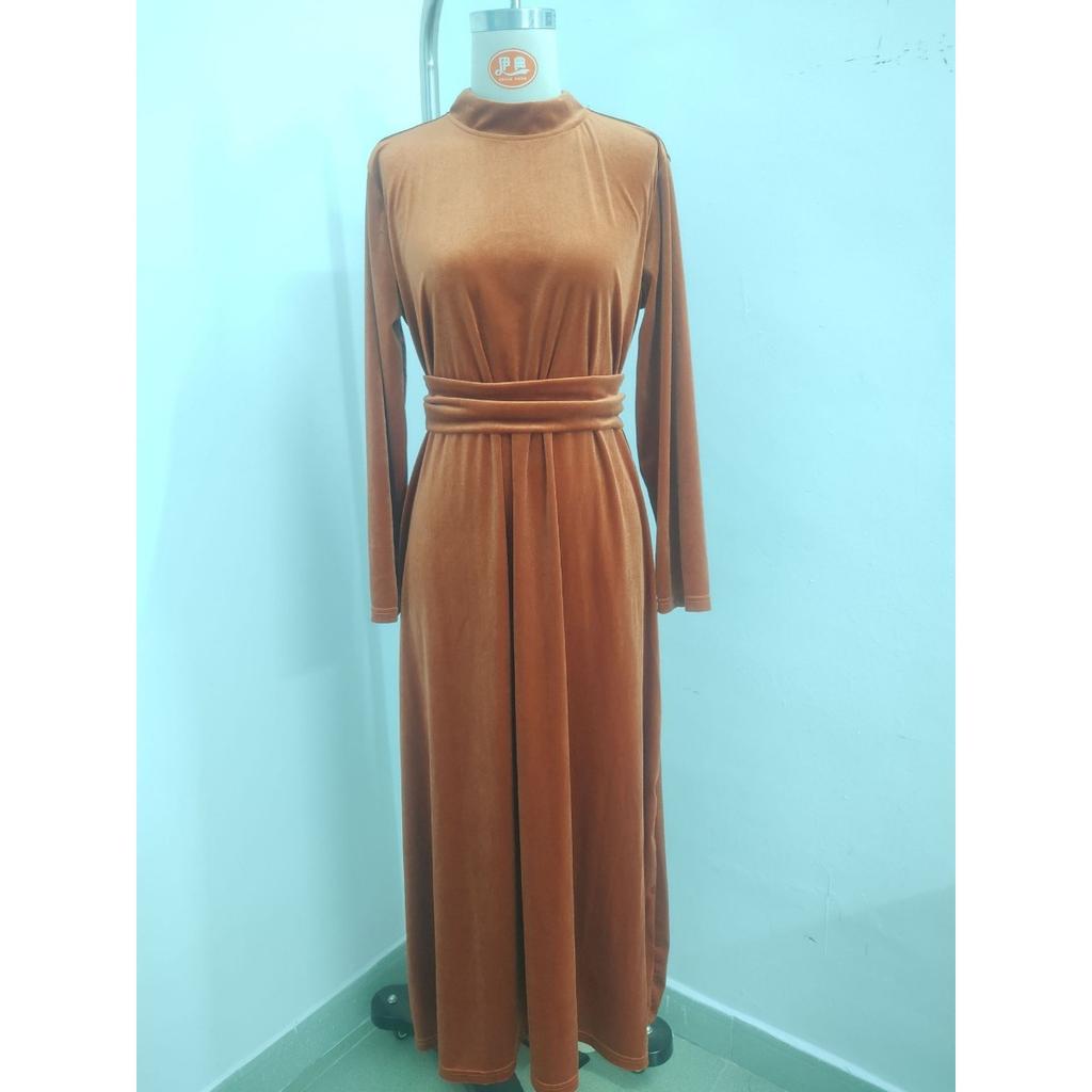 Fall Winter Women's Velvet Long Sleeve Midi Dress High Waist Slimming Elegant Large Swing Dress