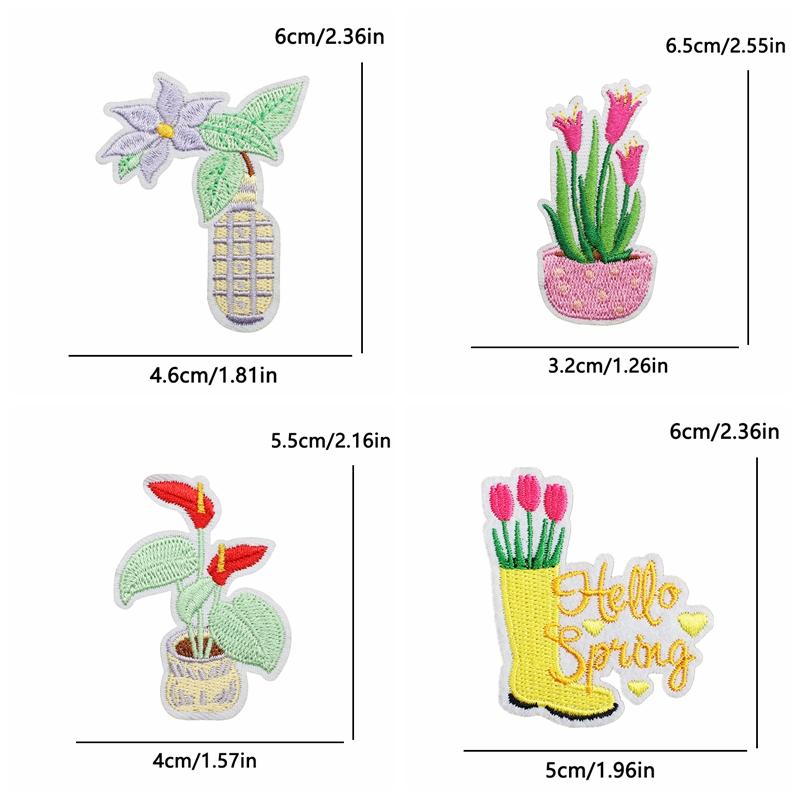 10pcs Lots Colorful Cartoon Embroidery Patches Rain Boot Pot Plant Iron On Patches For Clothing Morning Glory Patch On Clothes