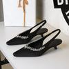 Pointed Toe Low Heels Shallow Mouth Tripping Silk Women's Shoes Rhinestone Chain Empty Wine Glass Heel Comfortable Single Shoes