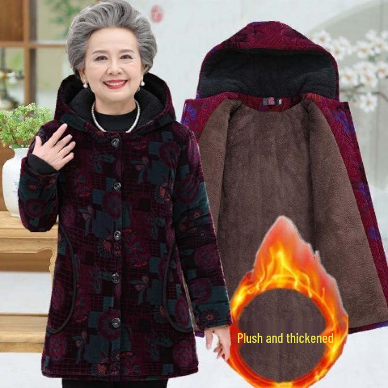 Elderly Women's Cotton-Padded Winter Jacket - Thickened Velvet Coat for 70-Year-Olds