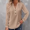 Women Long Sleeve Henley Tunic Top Solid Ribbed Knit V Neck Button Casual Loose Blouse Shirt