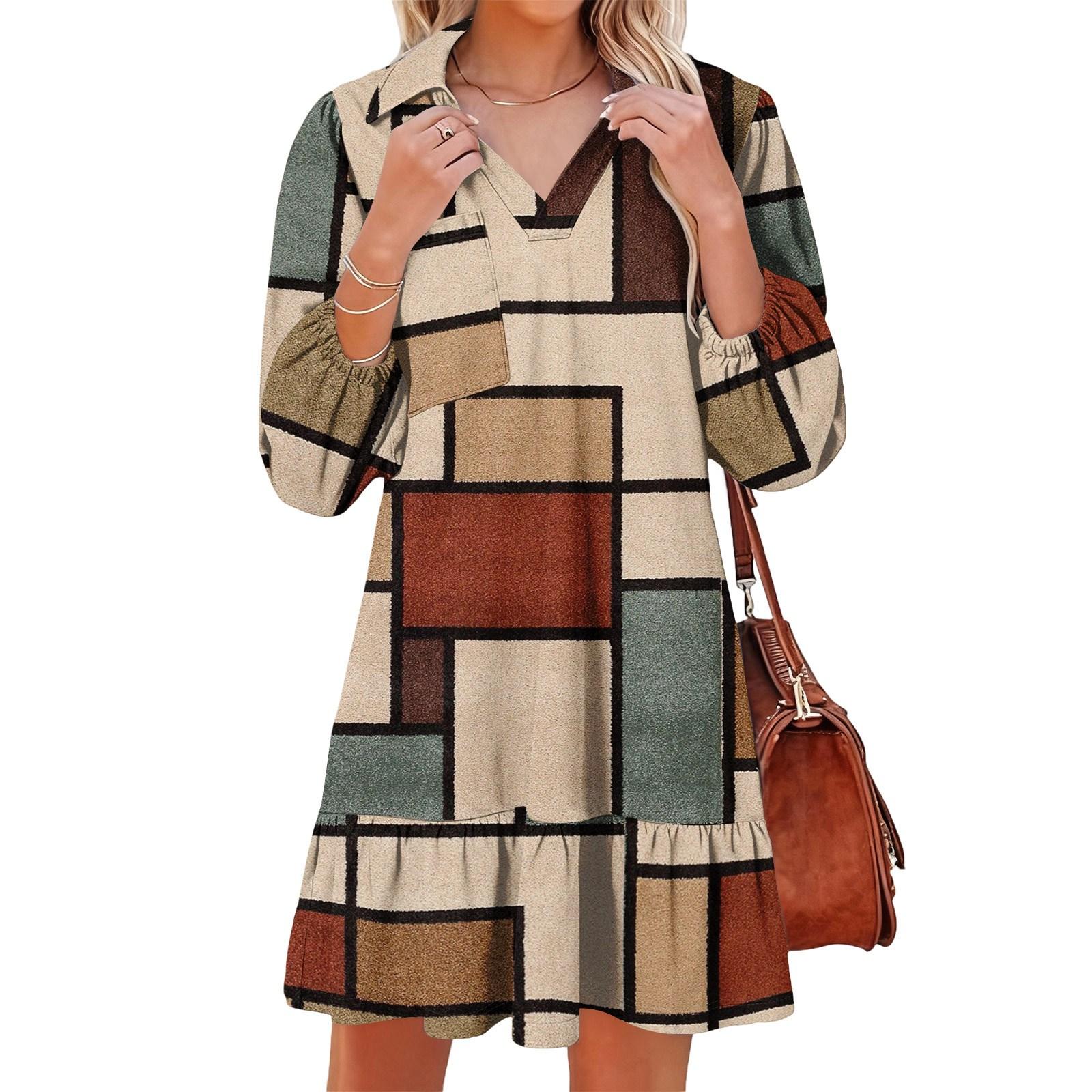 Women s fashionable and elegant long-sleeved V-neck pocket plaid print dress XL бежевый