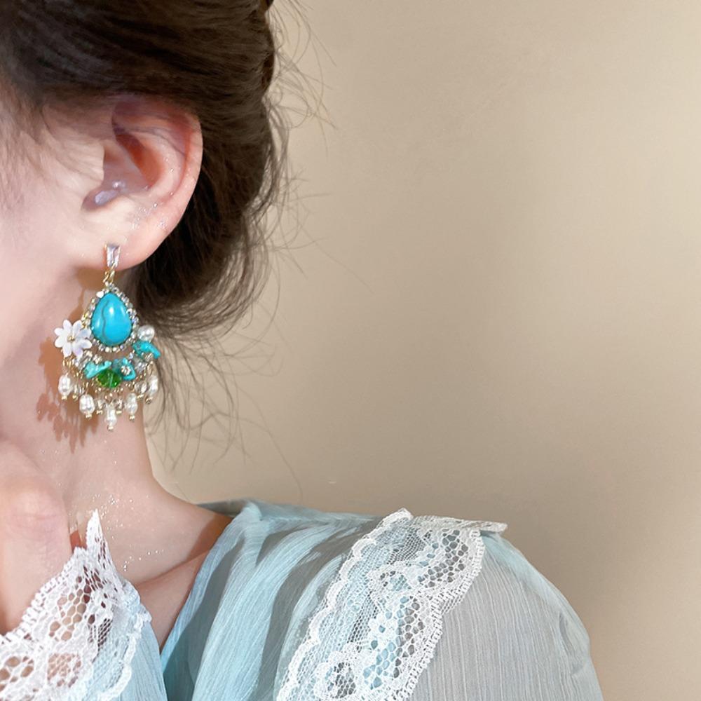 Turquoise Bohemian Turquoise Earrings Pearl Flower Shape Earrings Pendant  Lady Gifts