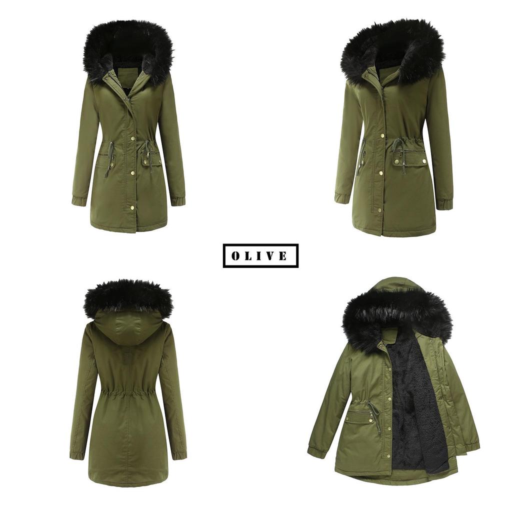 Women's Fleece-Lined Hooded Parka with Fur Collar - Warm Loose-Fit Cotton Jacket, European Size (2021 Autumn/Winter Collection)