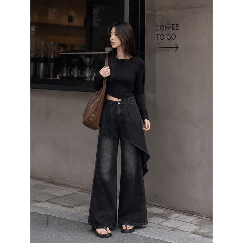 Design sense niche black jeans women's summer new high waist drape floor pants irregular cut wide leg pants