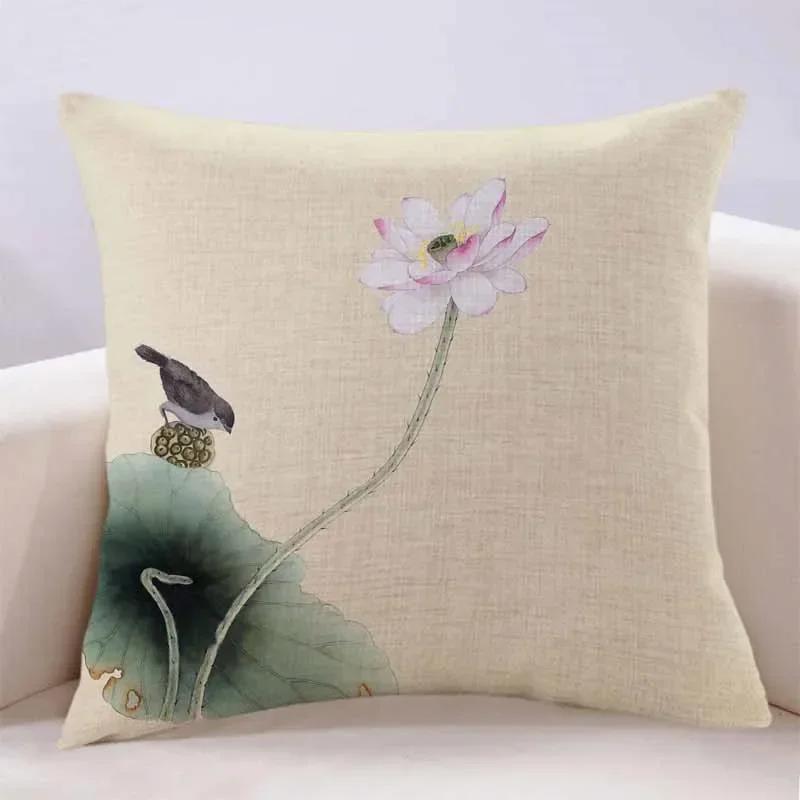 New Lotus Cushion Cover Printed Linen Pillow Cover Chinese Style Home Pillow Cushion Cover Sofa Living Room Beige