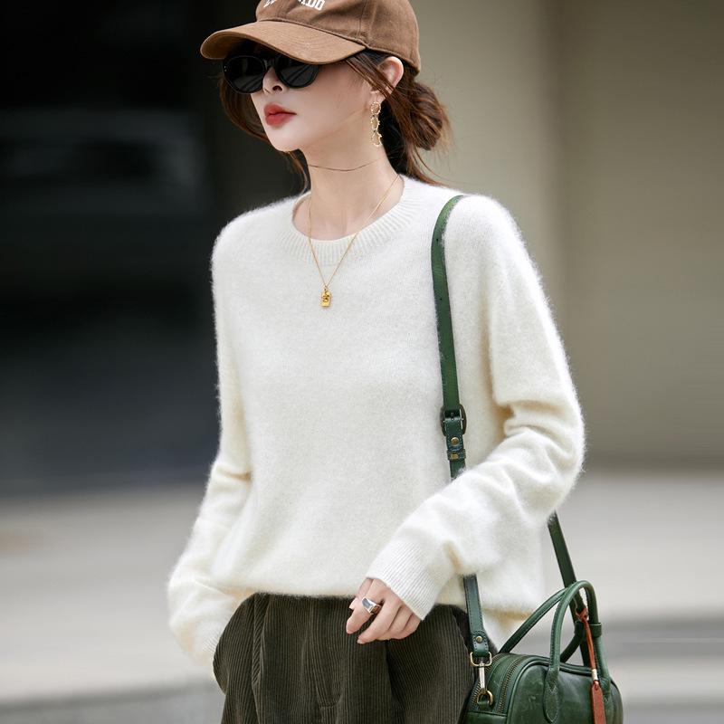 Women's Brushed Wool Round Neck Sweater - Autumn/Winter Cozy Cashmere Base Layer, Loose Fit, Lazy Style