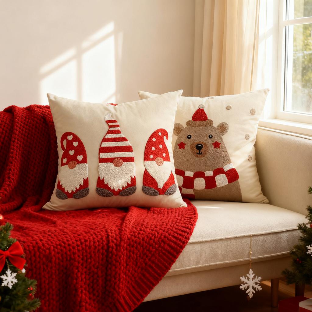 Christmas Decorative Throw Pillow Cover Velvet Material Santa Claus Cartoon Pattern Embroidered Cushion Cover Holiday Home Sofa Decor 45x45 cm