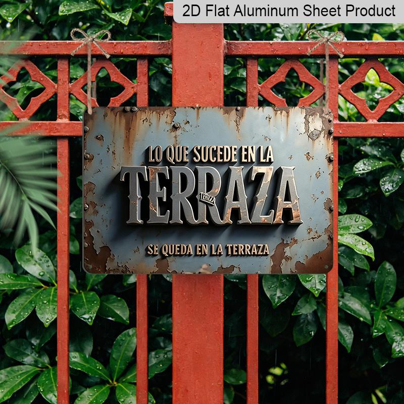 2D Flat, 1pc Vintage Spanish Terraza Plaque - Rustic Patio Decor Sign with Spanish Text, Dark Teal & Rust Colors - Aluminium Wall Hanging Decoration