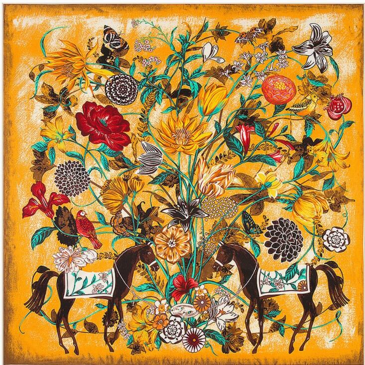 130cm*130cm Luxury Brand Twill Hijab Large Square Scarves Floral Horse Print Twill Shawls Bandana Silk Scarf For Women Headband