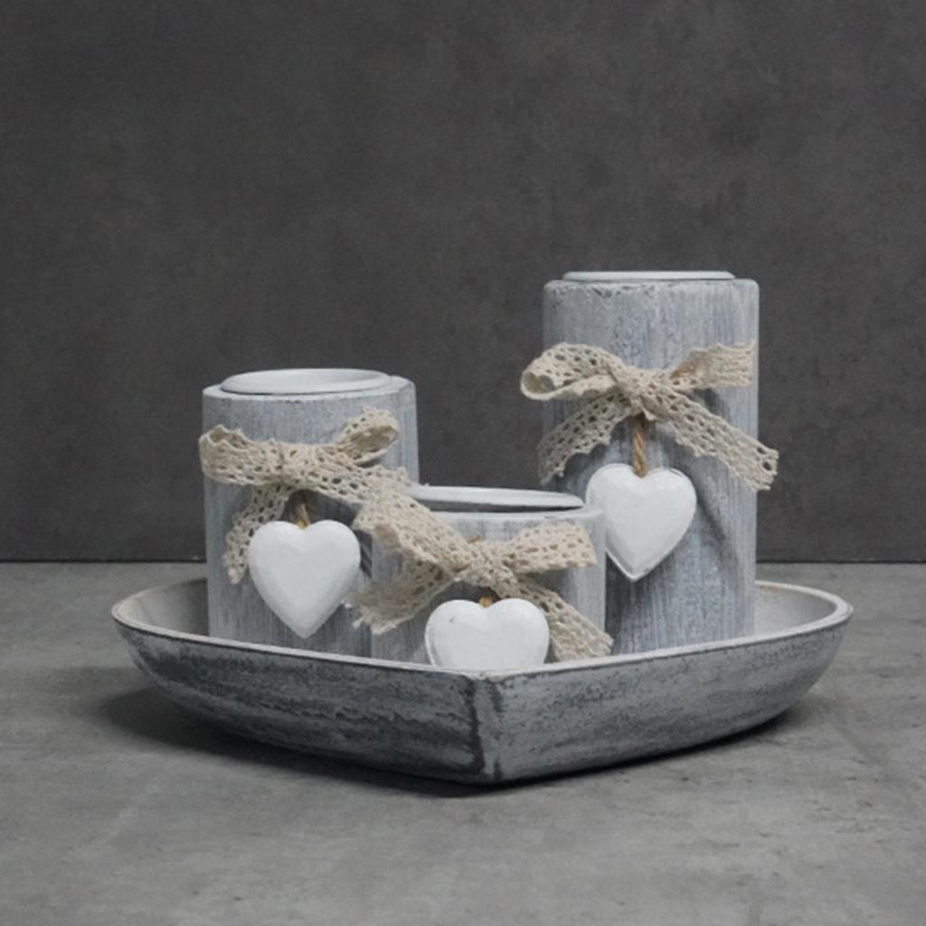 3Pcs Wood Candlestick Set Tealight Candle Holders with Romantics Heart Designs Tray and Bows Decoration for Centerpieces