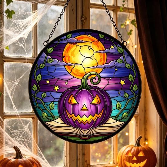 Stained Glass Style Acrylic Suncatchers Halloween Pumpkin Suncatcher, Round Window Hanging Ornament, Mysterious Holiday Theme Wall Displays Full Moon
