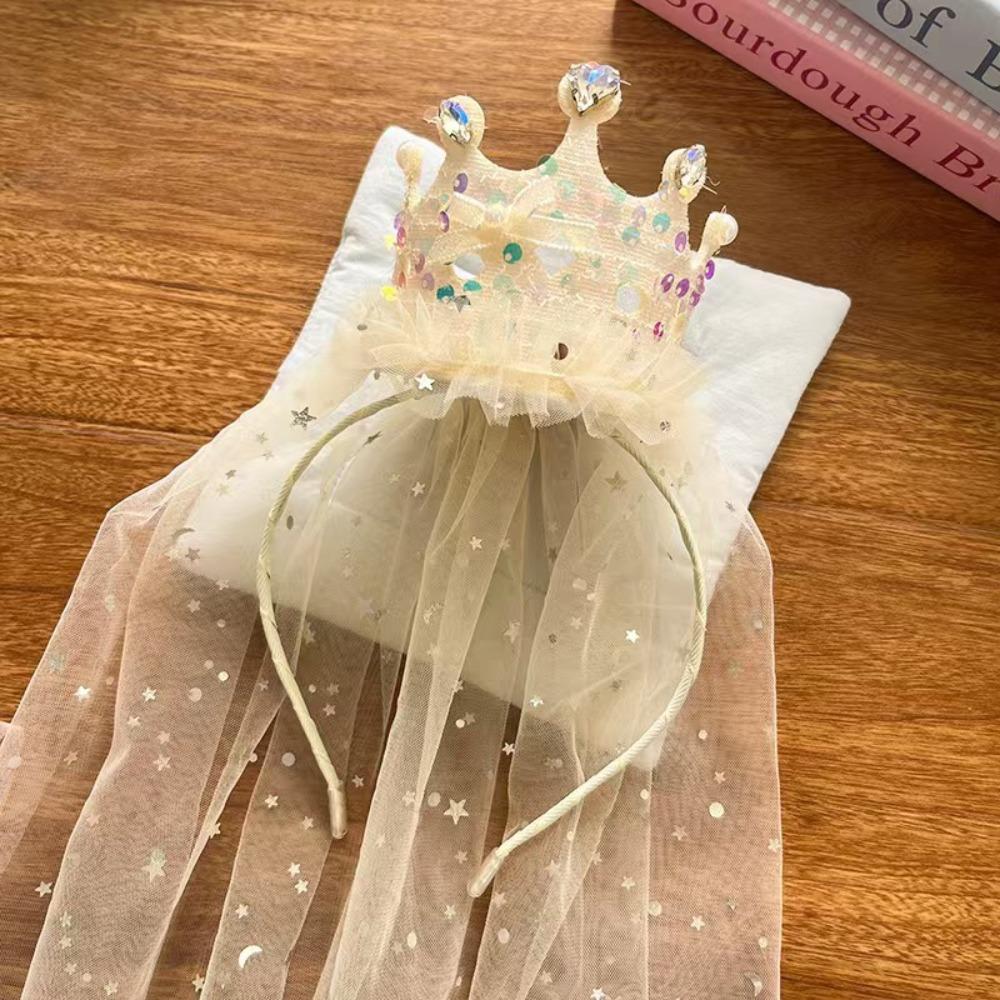 

Sparkly Princess Crown Veil Headband Tulle Pink White Sequin Birthday Party Headwear Hair Accessories Glitter Dress Up Headbands бежевый