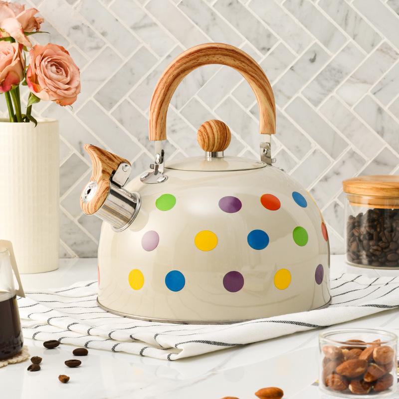 

Cross-Border Polka Dot Whistling Kettle, 3L Stainless Steel, for Boiling Water, Tea, Coffee - European & American Style Kitchenware. 2.5L