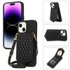For iPhone 15 RFID Blocking Card Holder Phone Case Mirror Kickstand Imprinted PU Leather Coated TPU Cover with Shoulder Strap