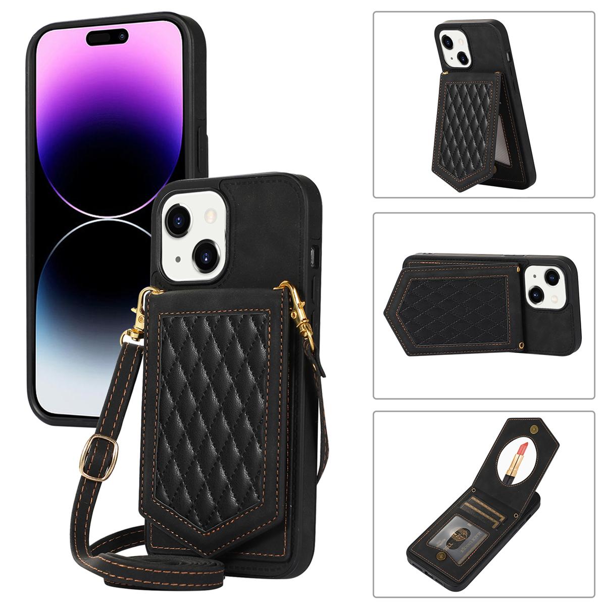 

For iPhone 15 RFID Blocking Card Holder Phone Case Mirror Kickstand Imprinted PU Leather Coated TPU Cover with Shoulder Strap Black