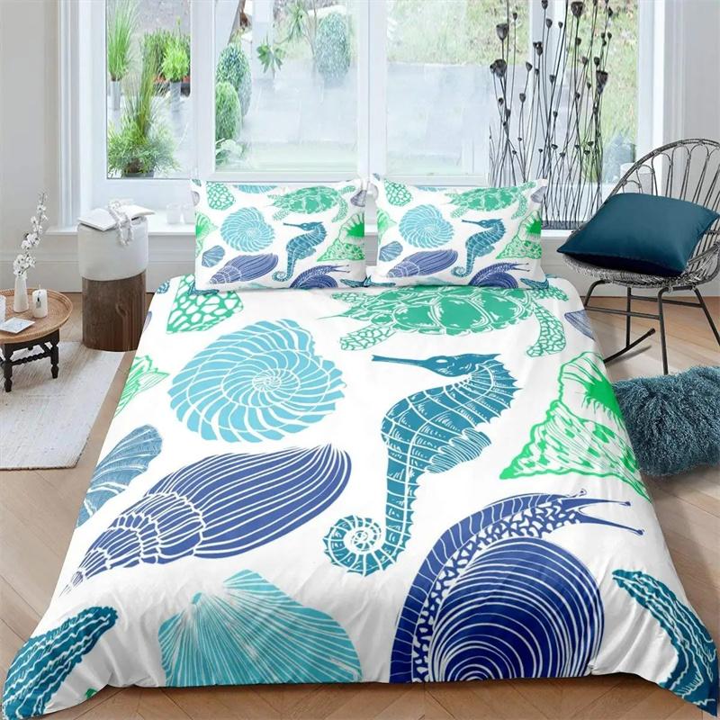 Seahorse Duvet Cover Marine Ocean Animal Print Bedding Set Mediterranean Teal Theme for Kids Women Gifts