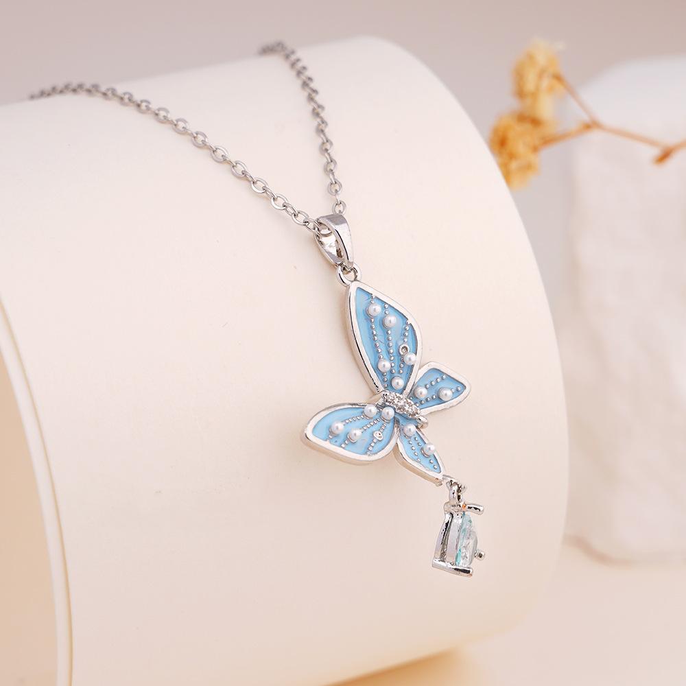 

Imitation Pearl Enamel Butterfly Water Drop Zircon Pendant Necklace Stainless Steel Chain Jewelry Gifts for Women Teen Girls