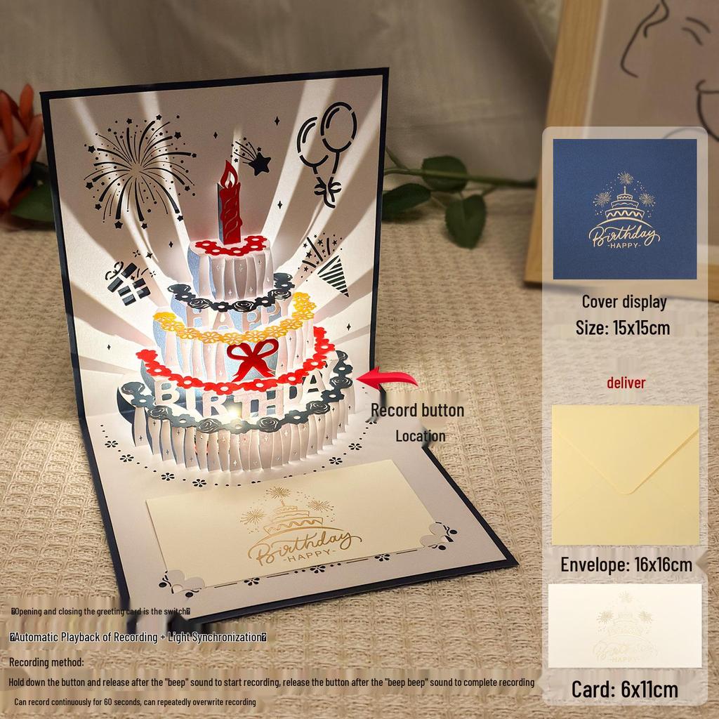 Dźwiękowa kartka urodzinowa 3D Pop-Up ze światłem do nagrywania - Wzór tortu na prezent dla chłopaka/dziewczyny