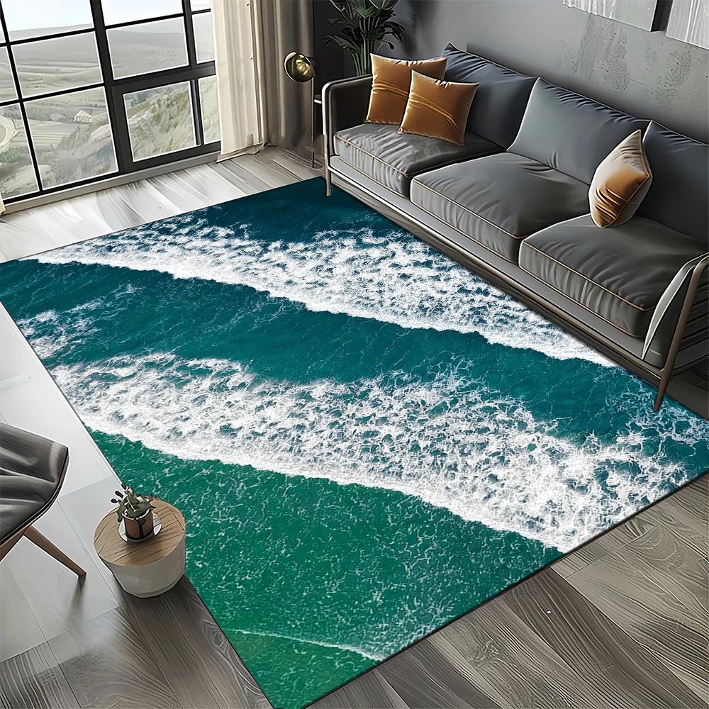 2025 New Style Blue Green Sea Wave Seawater Nature 3D Carpet Rug for Living Room Bedroom Home Sofa Decoration,Non-slip Floor Mat