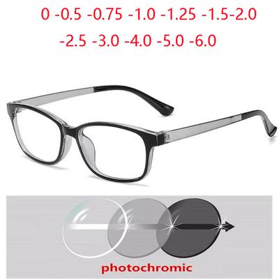 Fashion Plastic Black Gray Frame Square Nearsighted Glasses Sun Photochromic Gray Prescription Eyeglasses 0 -0.5 -0.75 To -6.0