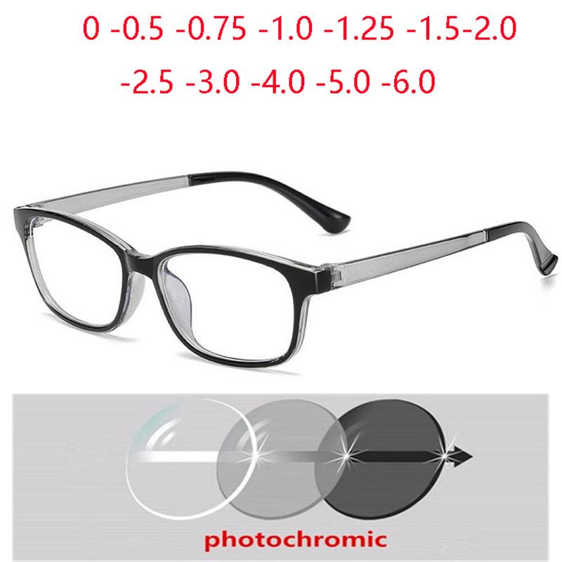 Stylish Plastic Black Gray Frame Square Nearsighted Glasses Sun Photochromic Gray Prescription Eyeglasses 0 -0.5 -0.75 To -6.0 for Women