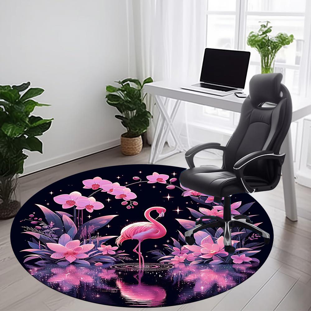 1pcFlamingo Night Garden Office Round Area Rug, Indoor Mat Suitable ForOffice, Under Office Chairs Bedroom Living Room Home Decor, Room Deco 054