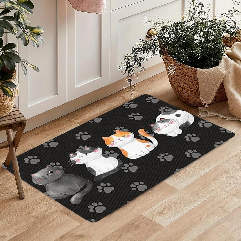Adorable Cartoon Cat Carpet Mat Rug, Cute  Charming Home Decoration with Black Tone for Living Room Bedroom Home Rug