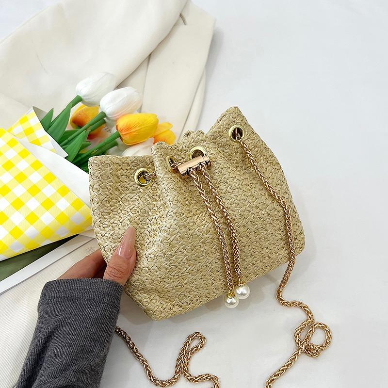 

Summer woven new fashion drawstring large capacity trend chain crossbody beach bucket armpit bag