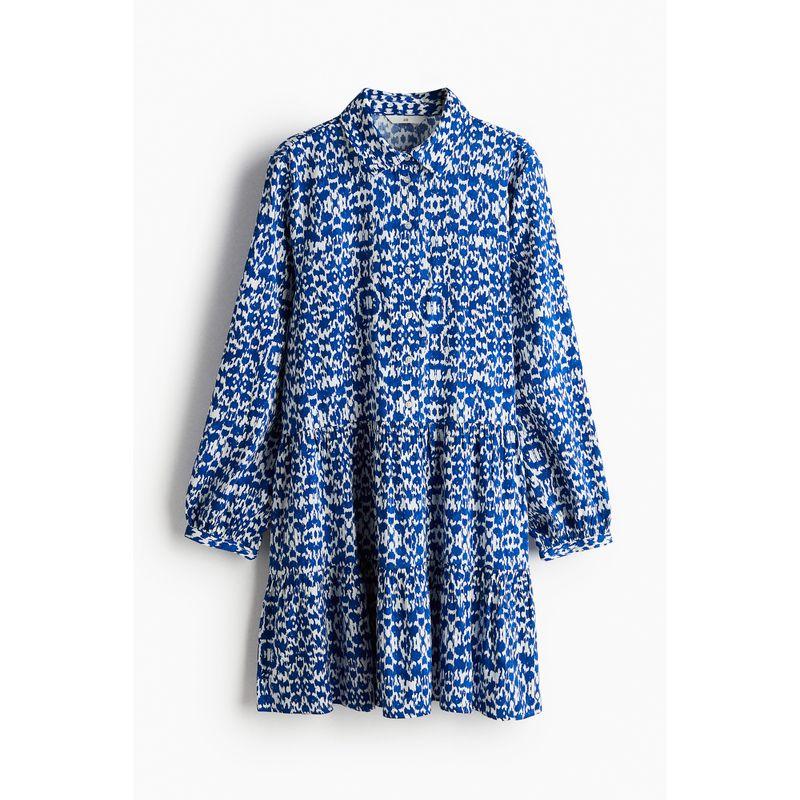 

HM Women s Clothing Florals Dress Autumn with Collar Loose Long Sleeves Slightly Pull Printed Shirt Short Skirt 1221726 Bright blue/Patterned 155/80A