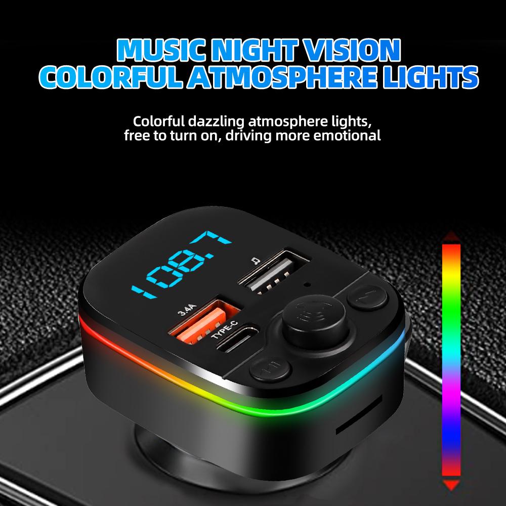 Car FM Transmitter Bluetooth 5.0 Handsfree With Type-C Dual USB 3.4A Fast Charger Ambient Light Cigarette Lighter FM Modulator