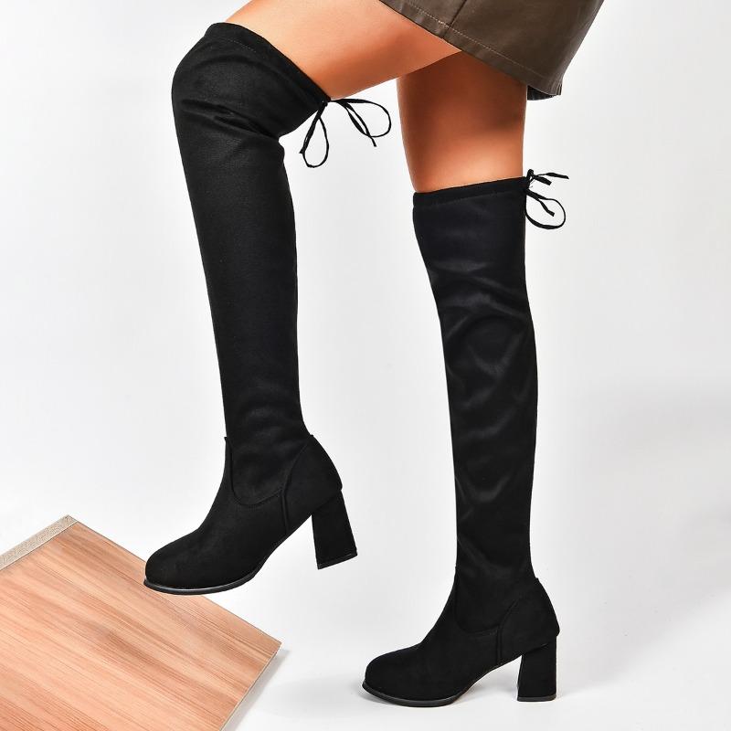 Autumn and Winter New Skinny Over-the-knee Women's Skinny Leg Stretch Boots Round Toe Block Heel High-heeled Long-leg Boots