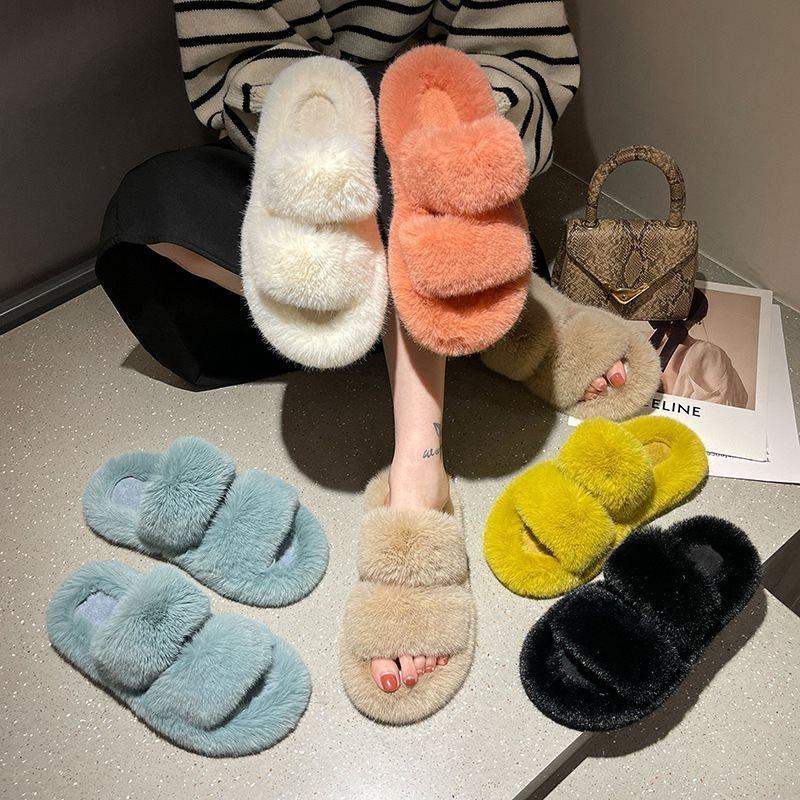 Red cotton mop versatile outer wear one-word heightening fluffy slippers women's thick bottom 2025 autumn plush net new beige
