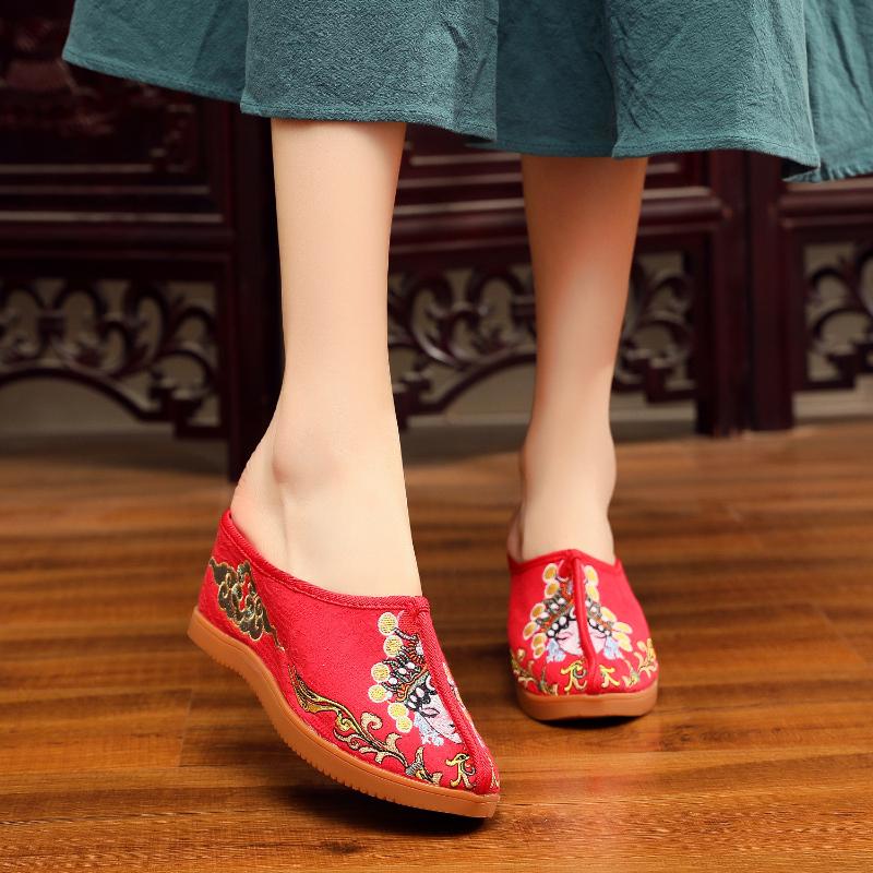 Casual High Heel Embroidered Slippers Woman Chinese Style Theatrical Face Oxford Flat Women's Shoes Home Slippers Wedge Shoes