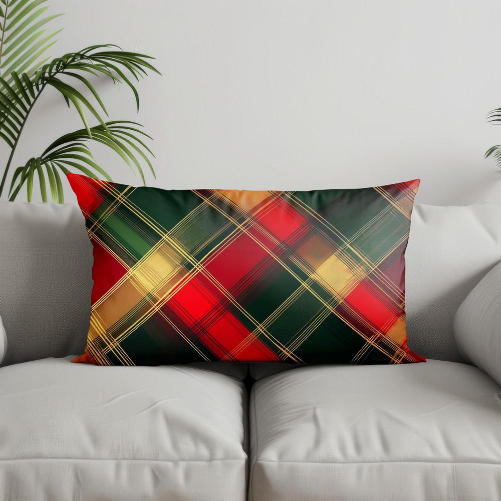 Home Decor Christmas Plaid & Holly Pillow Suitable For Sofa Bedroom Car Pillow Cover Cushion Rectangular Back Cushion