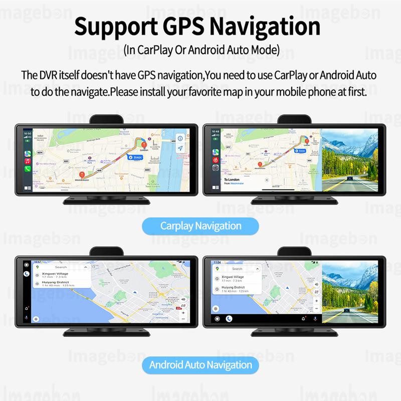 Imagebon 10.26" Dash Cam 4k Wireless Carplay Android Auto Adas GPS Navigation Car DVR Voice Control Dual Recording Cam