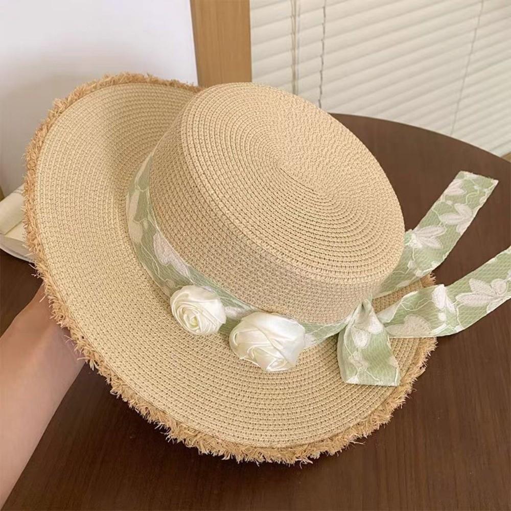 

Breathable Flat-Top Straw Hat French-Style Green Lace Ribbon Women s Sun Hat Sun Protection with Rose Flower Summer Straw Hat бежевий