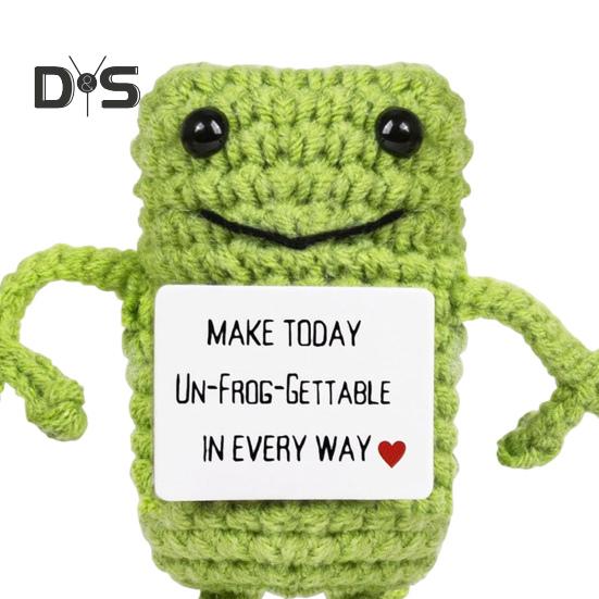 Positive Crochet Frog Doll with Encouraging Card Emotional Support Handmade Knitting Animal Decoration Ornament Stress Relief Toy