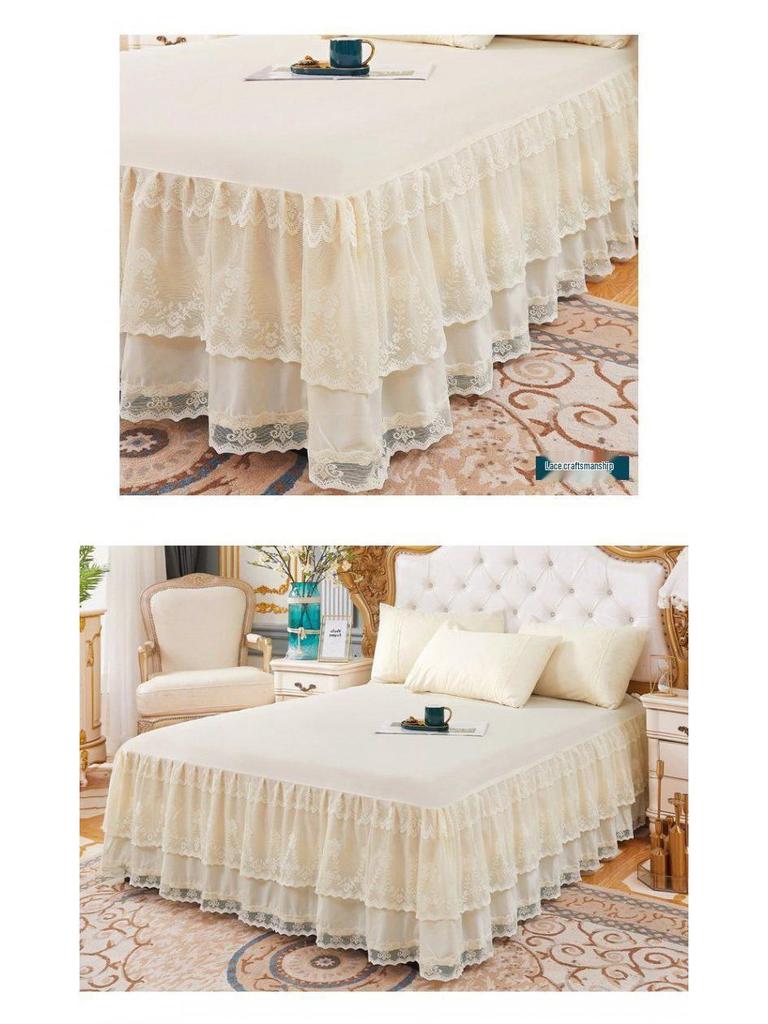 Princess Lace Ruffle Bed Skirt Set - Single Piece Bed Sheet & Mattress Protector