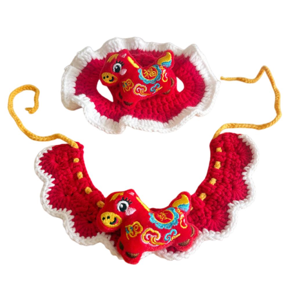 Cartoon Chinese Style Pet Scarf Zodiac Horse Design Adjustable New Year Cat Headwear Comfortable Red Puppy Knitted Scarf
